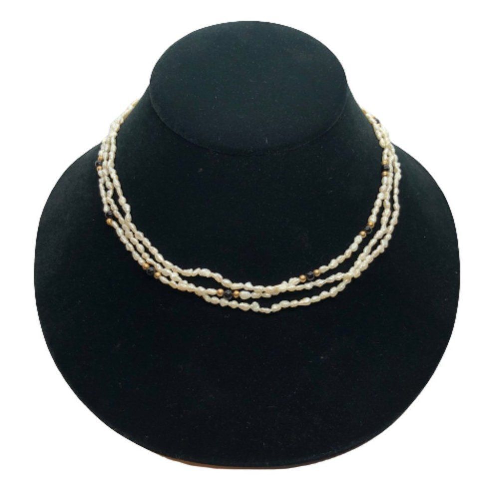 Stunning Vintage 16" Triple Strand Rice Pearl, Black Onyx & 14K Gold Necklace